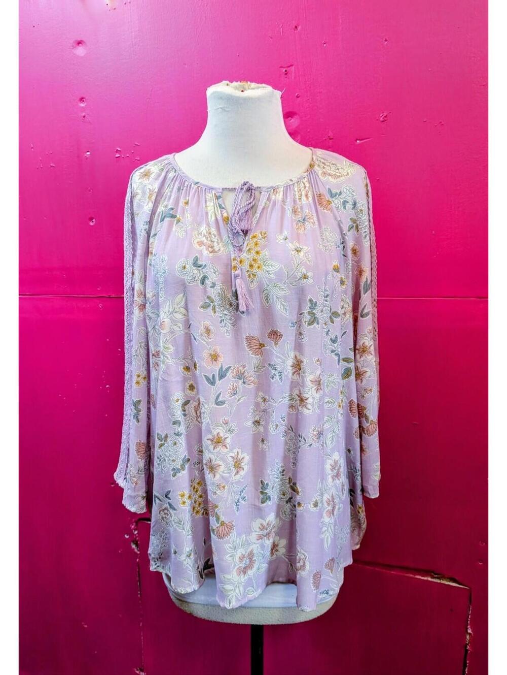 SOLD Light Purple Floral Peasant Blouse with Tassels L